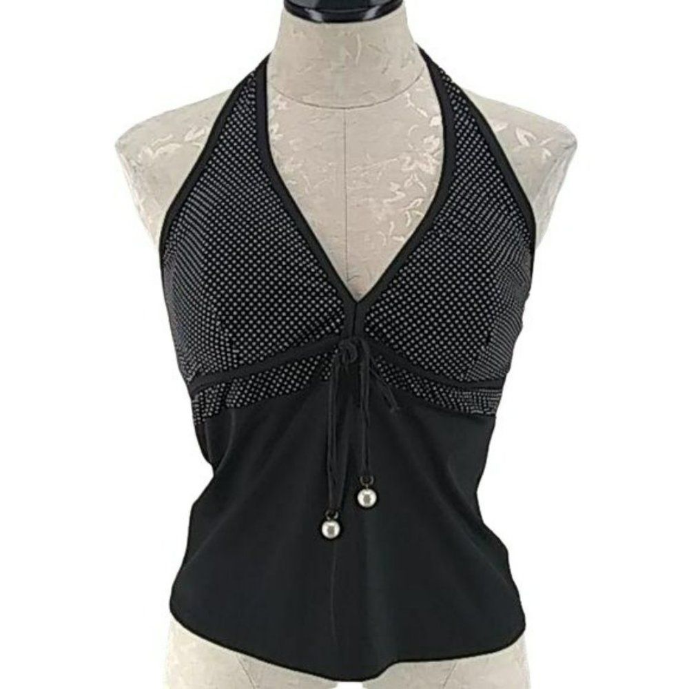 Tropical Escape Women's Black Polka Dot Halter Tankini Swimsuit Top Size 10